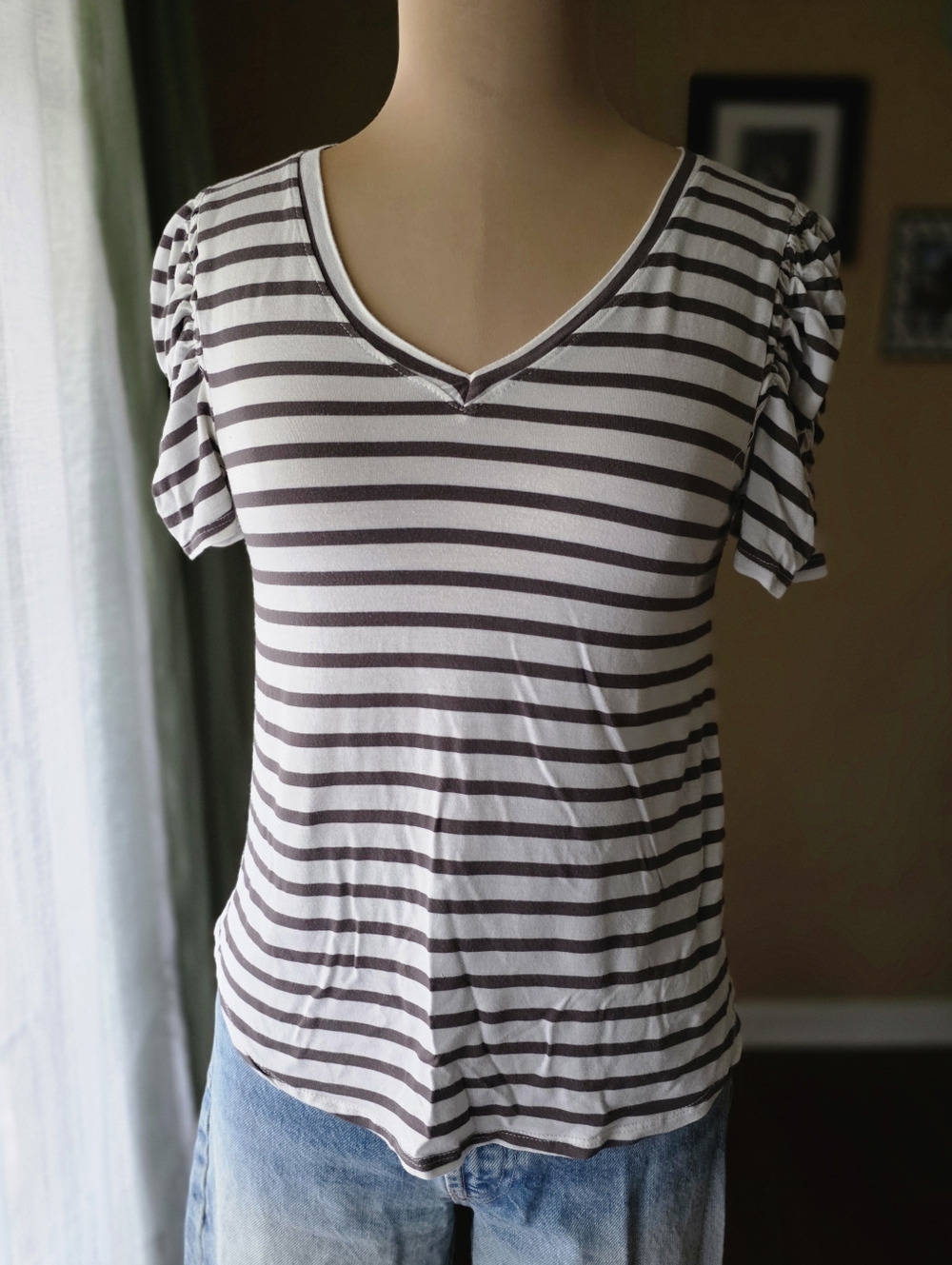 Green Envelope Striped Ruched Sleeve V-Neck Top‎ - XS - Earthy Green & Cream